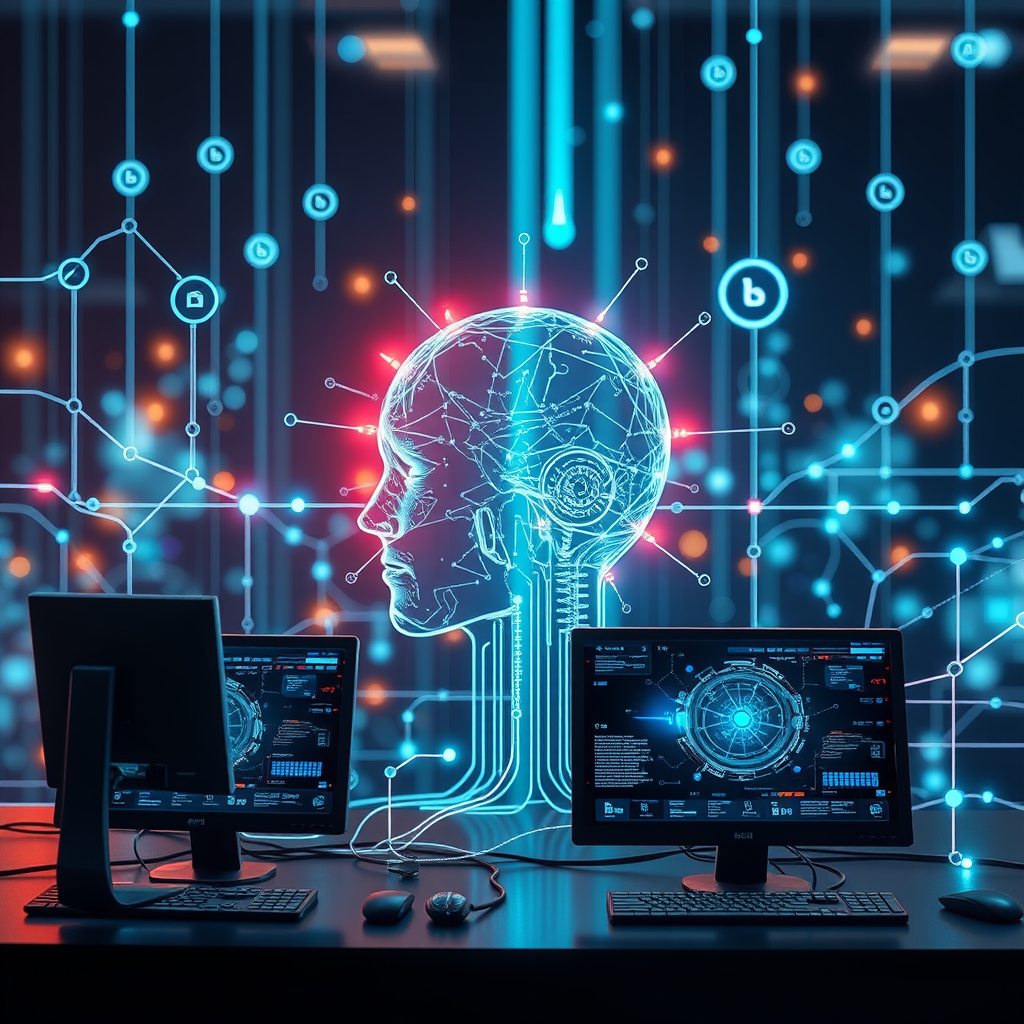Mākslīgā intelekta un digitālo tehnoloģiju attēlojums ar futuristiskiem elementiem, datoriem un tīkla savienojumiem, kas simbolizē tehnoloģiju attīstību apdrošināšanas nozarē